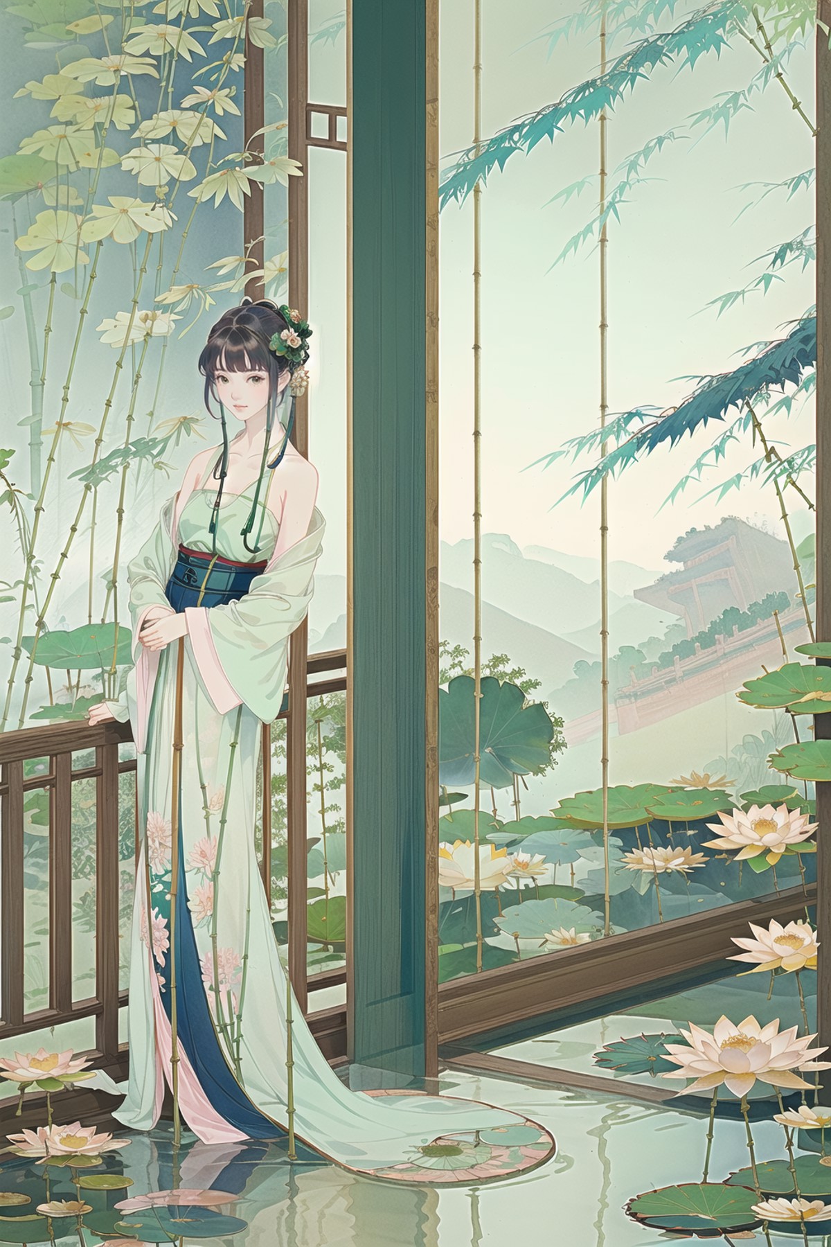 ((1girl)),solo,lying on bamboo mat bed in garden,thin hanfu,foggy,(curtain),(bamboo forest:1.2),tiles roof,translucent sil...